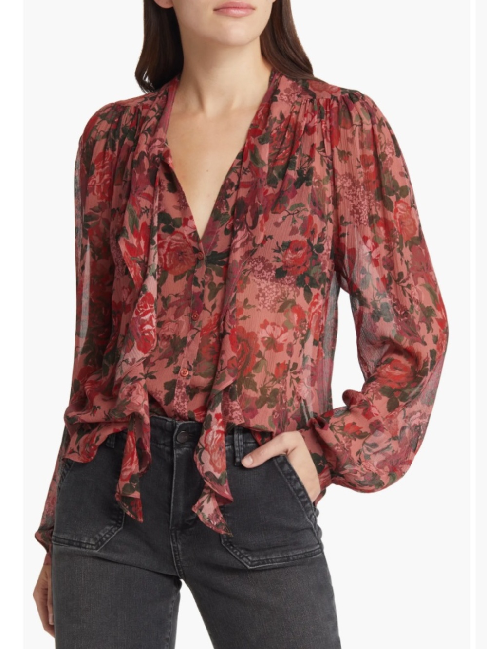 PAIGE Elynne Ruffle Floral Silk Blouse Burgundy Dust Multi XS $299